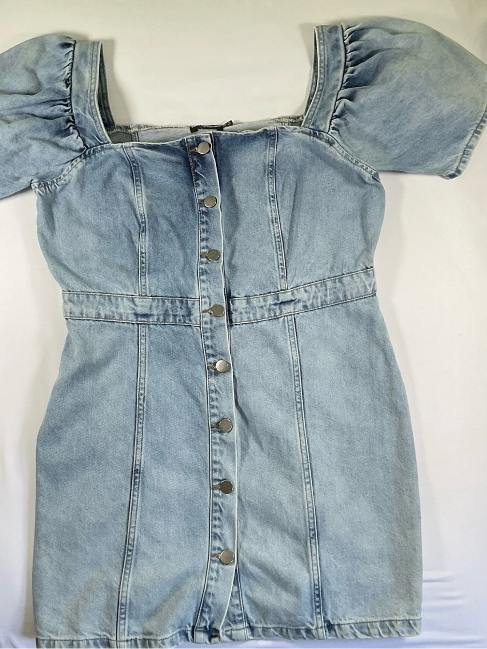 PrettyLittleThing Women’s Blue Denim Puff Sleeve Button Mini US 10